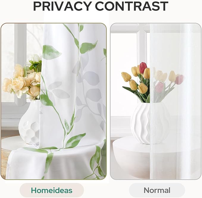 HOMEIDEAS Kitchen Curtains, Short Non-See-Through Privacy 30X36 Inch Length Tier Curtains, Green and White Leaf Floral Print Light Filtering Semi Sheer Small Window Drapes for Bathroom Cafe, 2 Panels