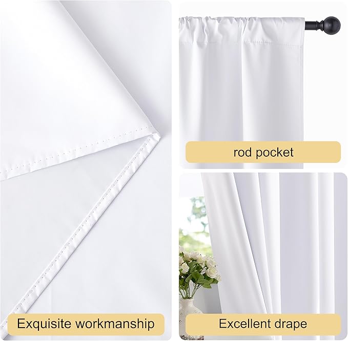 NICETOWN Bedroom 100% Blackout Curtains, 2 Panels, 34 by 63, Snow White, Window Treatment Rod Pocket Curtains/Drapes for Bedroom