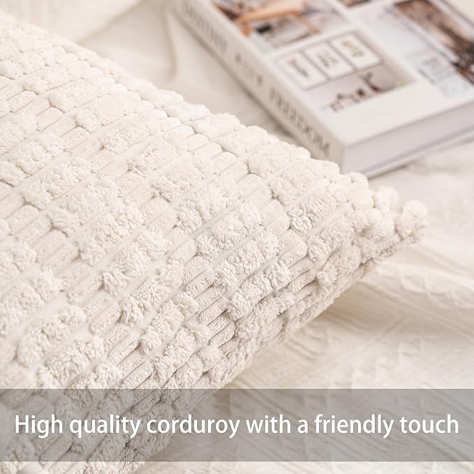 Pack of 2 Corduroy Decorative Throw Pillow Covers 24x24 InchSoft Striped Pillow Covers Modern Farmhouse Home Decor for Sofa Living Room Couch Bed（Cream White）
