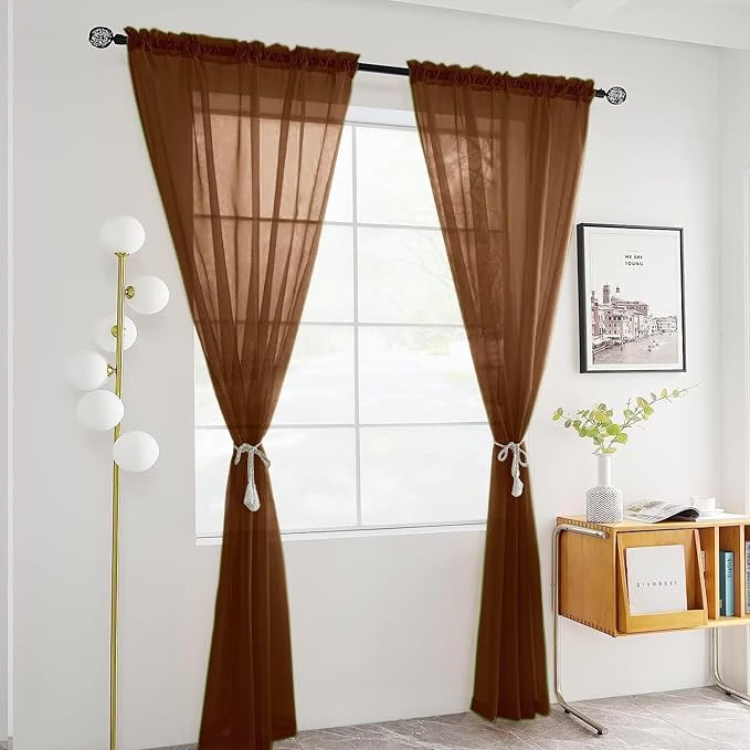 SpaceDresser Brown Sheer Curtains 4 Panels Rod Pocket Semi-Sheer Curtain 63 Inches Long Light Filtering Voile Window Drapes for Bedroom Living Room Kitchen, Each 52W x 63L