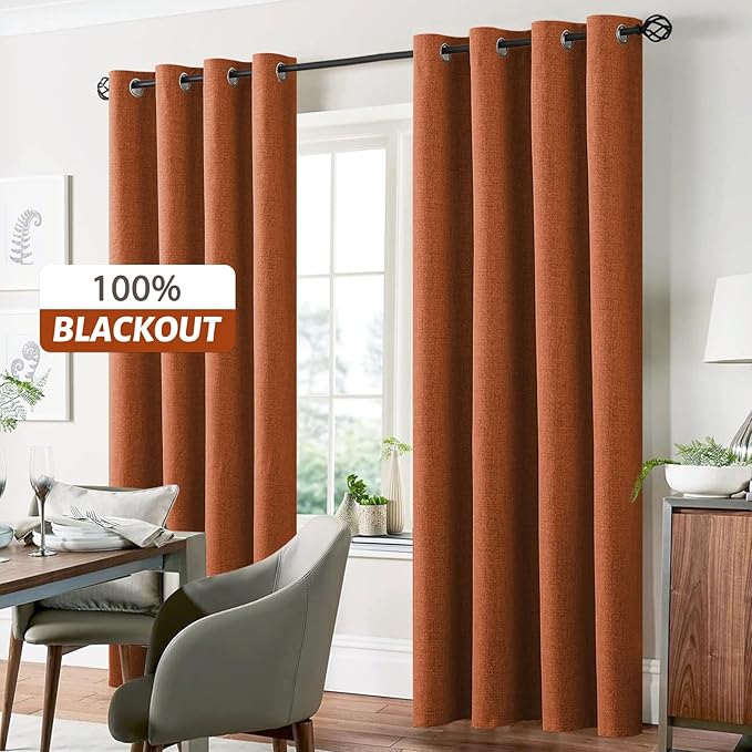 Yakamok Burnt Orange Linen Curtains 100% Blackout 84 Inches Long,Room Darkening Textured Curtains for Living Room Thermal Grommet Bedroom Curtains 2 Panels with White Liner