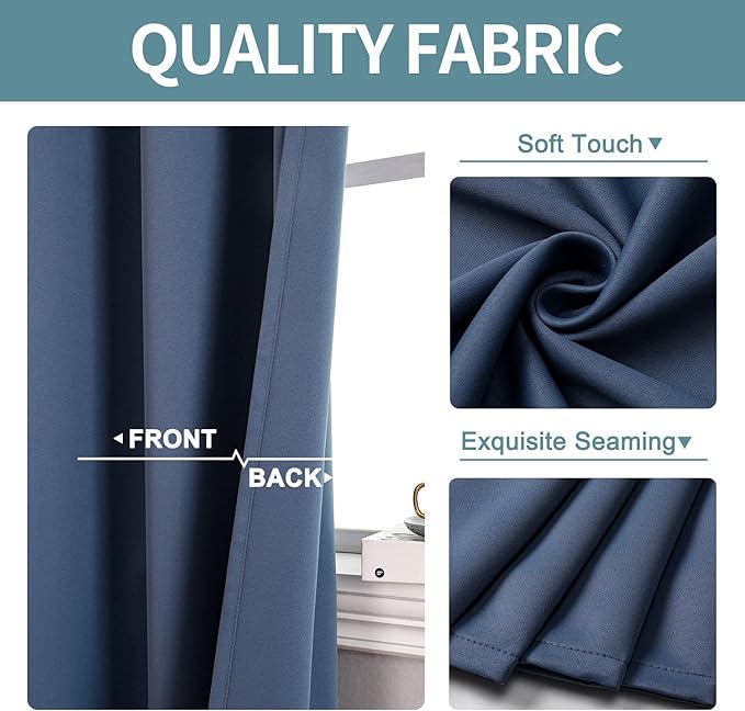 ChrisDowa Blackout Curtains 70 inches Wide for Bedroom - 2 Panels Set Extra Wide Grommet Thermal Insulated Room Darkening Curtains for Living Room (Stone Blue, 70 x 63 Inch)