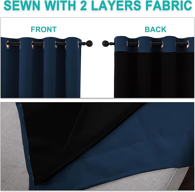 NICETOWN 100% Blackout Short Curtains with Black Liners, 2 Panels, 37"W by 63"L, Moroccan Blue, Solid Thermal Insulated Full Blackout 2-Layer Lined Drapes, Energy Efficiency Window Drapes for Bedroom