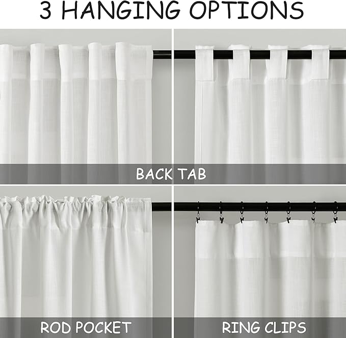 Nanspring Linen Curtains 84 inches Long 2 Panel Set,Off White - Back Tab Light Filtering Privacy Sheer Curtains Modern Farmhouse Coastal Decor White Cotton Textured Gauze Curtain for Living Room