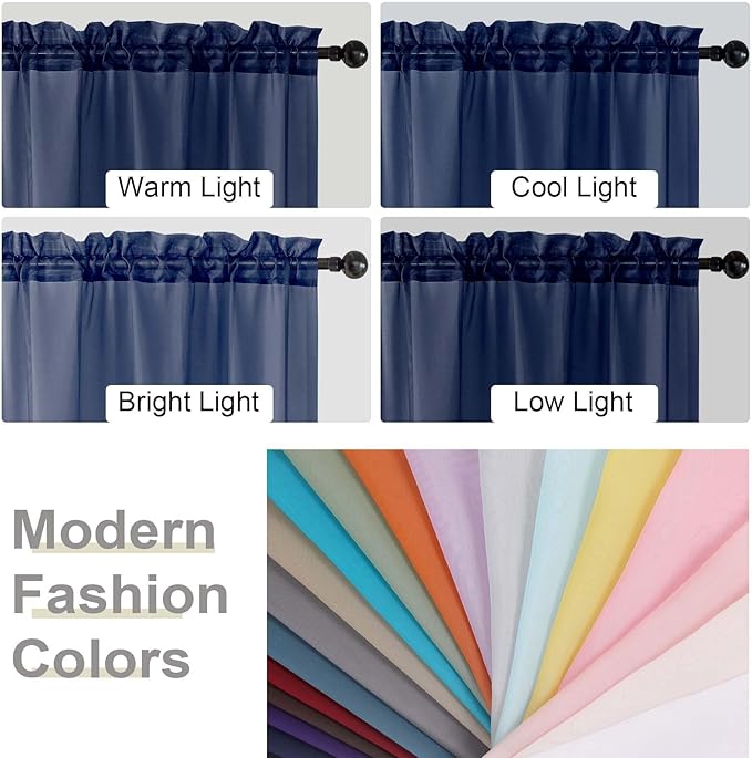 Navy Blue Valances for Windows, Navy Blue Sheer Curtains 14 Inch Length 2 Pack Kitchen Curtain, Modern Solid Mini Small Window Curtains for Cafe Bathroom Basement, Navy Blue, 42"Wx14"L Inch