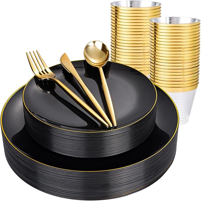 bUCLA 150PCS Black and Gold Plastic Plates - Black Gold Plastic Dinnerware Set Disposable - Include 25 Dinner / 25 Dessert Plates, 25 Knives, 25 Forks, 25 Spoons, 25 Cups, Ideal for Party & New Year