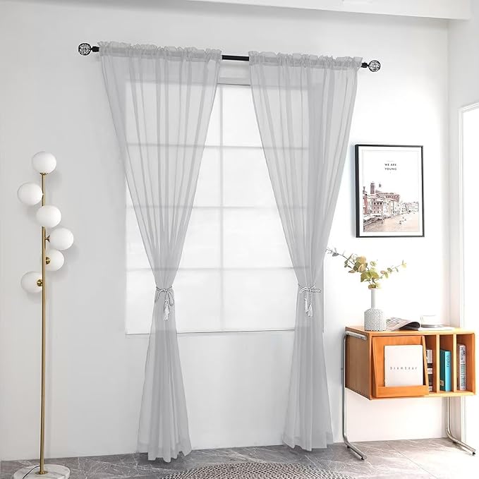 youleyar Solid Sheer Rod Pocket Curtain Voile Draperies 2 Panels White Beige Black Grey Ivory 52 Inch Width 90 Inch Long 1 Pair for Kitchen Bedroom Children Living Room Yard (Silver Grey,52Wｘ90L)