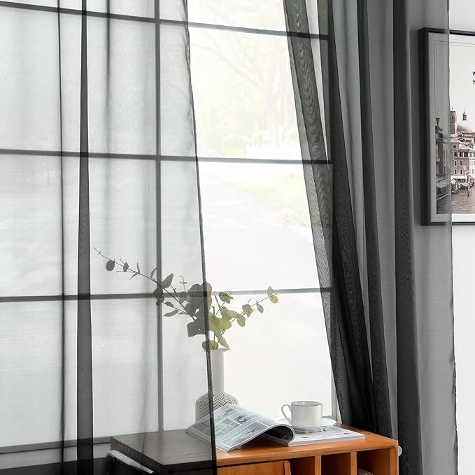 youleyar Solid Sheer Rod Pocket Curtain Voile Draperies 2 Panels White Beige Black Grey Coffee 38 Inch Width 45 Inch Long 1 Pair for Kitchen Bedroom Children Living Room Yard(Black,38Wｘ45L)