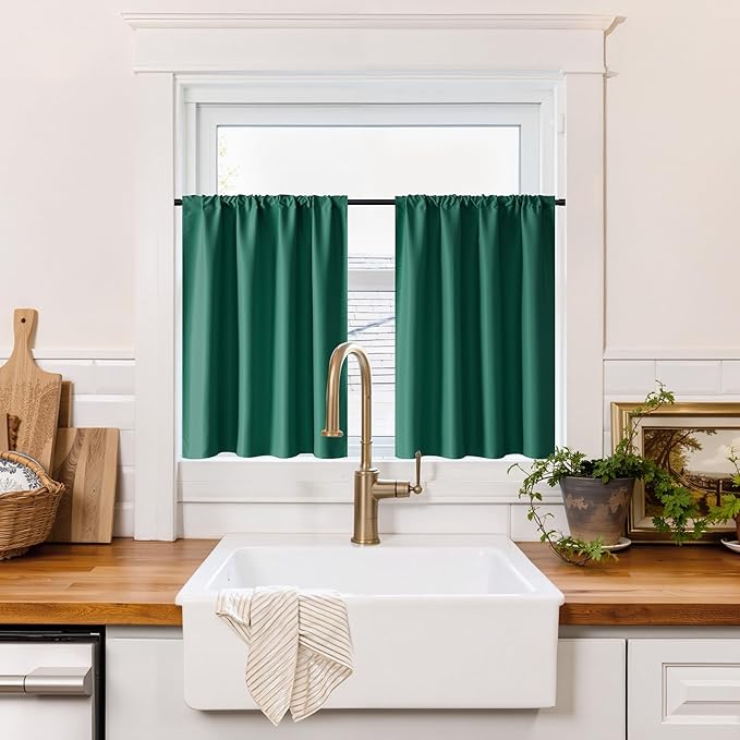 RYB HOME 100% Blackout Basement Curtains 24 inches Long, Heat & UV Blocking Total Room Darkening Noise Reducing Curtains for Bathroom RV Campers, Dark Green, 2 Panels Set