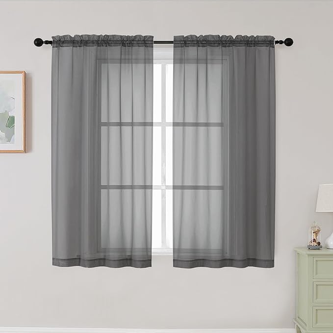 Grey Sheer Curtains for Bedroom Living Room 45 Inch Length 2 Panels, Soft Light Filtering Small Kitchen Window Curtains, Rod Pocket Short Curtain Drapes, Grey, 42" Wx45 L Inches