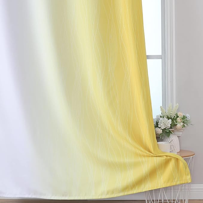 Estelar Textiler Yellow and Greyish White Ombre Blackout Curtains 45 Inch Length 2 Panels, Full Room Darkening Gradient Drapes for Kitchen,Thermal Insulated Grommet Short Curtains for Bathroom,42Wx45L
