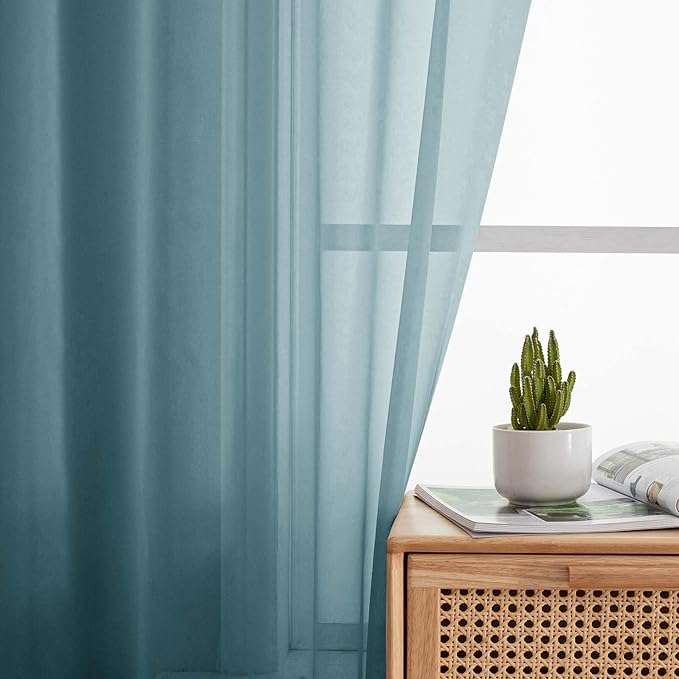 Kitchen Curtains 24 Inch Length Tier 2 Pieces, Dusty Blue Sheer Curtain Solid Soft Sheer Short Curtains for Windows, Cafe Bathroom Basement Rod Pocket Drapes, Dusty Blue, Each 42"Wx24"L Inch