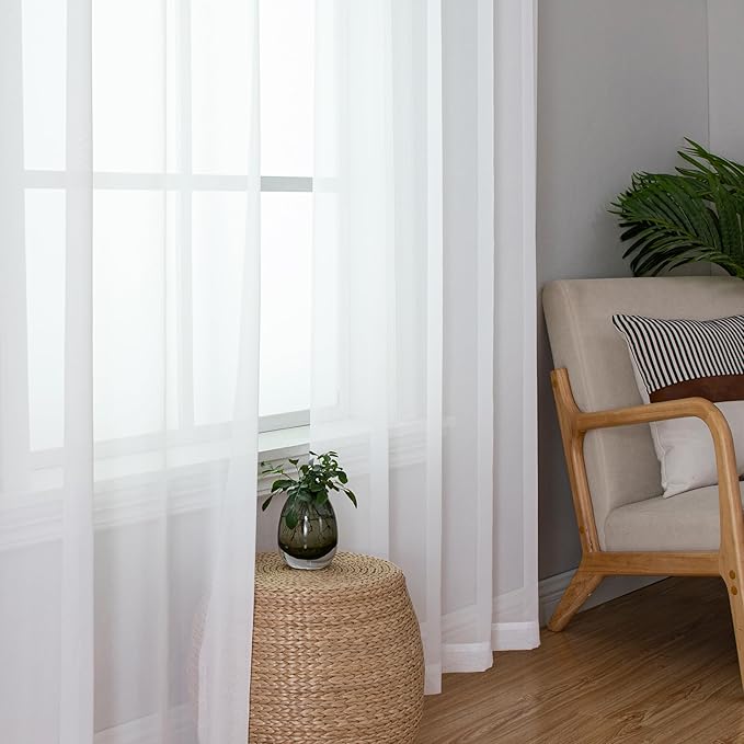 Simplebrand White Sheer Curtains, 84" Length, 2 Panels Set - Light Filtering, Rod Pocket Window Curtains for Bedroom (White, 42" W x 84" L)