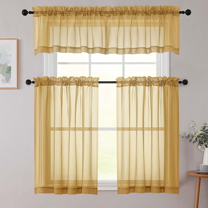 Gold Kitchen Curtains 30 Inch Length Tier 2 PCS, Solid Soft Airy Half Curtains for Windows, Gold Sheer Rod Pocket Drapes for Bathroom Basement Small Window, 42" Wx30 L Inches