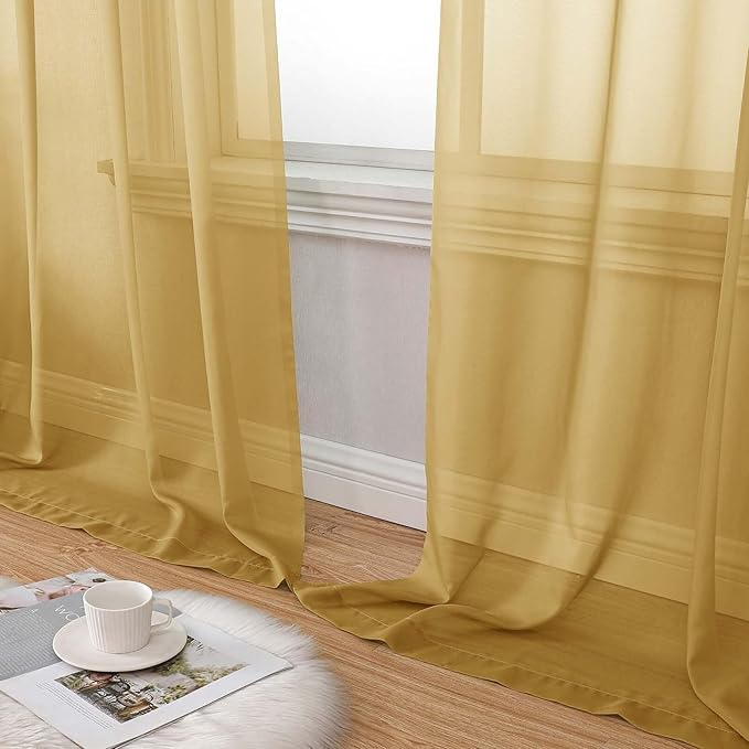 Extra Long Sheer Gold Curtains for Bedroom Living Room 120 Inches Long 2 Panels Set, Solid Soft Light Filtering Rod Pocket Sheer Window Curtains, Gold, Each 42" Wx120 L Inch