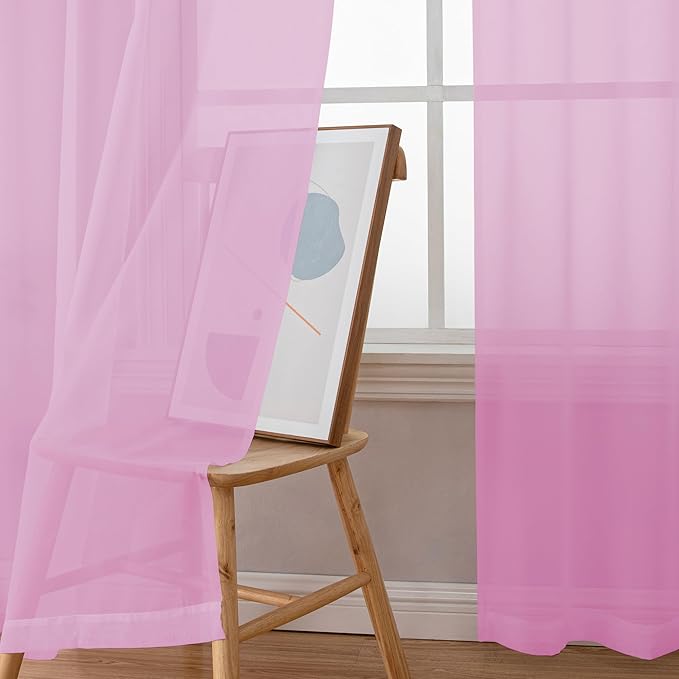 Simplebrand Pink Short Sheer Curtains 45 Inch Length for Small Windows, Rod Pocket 2 Panels Set Solid Voile Drapes Window Sheer Curtains for Bedroom Bathroom Kids Room Kitchen, 42x45 Inch, 2pcs