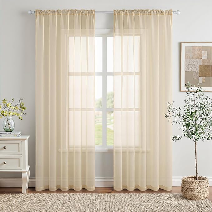MIULEE 2 Panels Solid Color Sheer Window Curtains Elegant Window Voile Panels/Drapes/Treatment for Bedroom Living Room (54X63 Inches Cream)