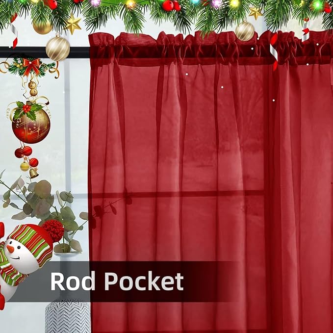 youleyar Solid Sheer Rod Pocket Curtain Voile Draperies 4 Panels White Beige Black Grey Ivory 52 Inch Width 84 Inch Long 1 Pair for Kitchen Bedroom Children Living Room Yard(Christmas Red,52 Wｘ84 L)