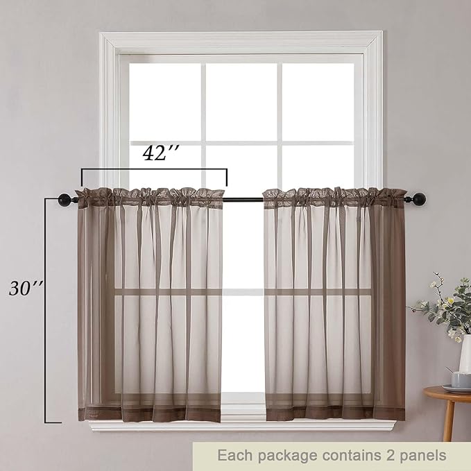 Chocolate Kitchen Curtains 30 Inch Length Tier 2 PCS, Solid Soft Airy Half Curtains for Windows, Sheer Rod Pocket Drapes for Bathroom Basement Small Window Curtain, Chocolate, 42"Wx30"L Inch