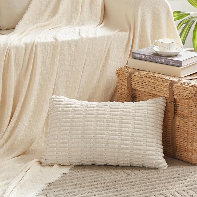Fancy Homi 4 Packs Boho Cream Decorative Throw Pillow Covers 12x24 Inch for Living Room Couch Bed Sofa, Rustic Modern Farmhouse Home Decor, Soft Plush Corduroy Beige Cute Square Cushion Case 30x60 cm