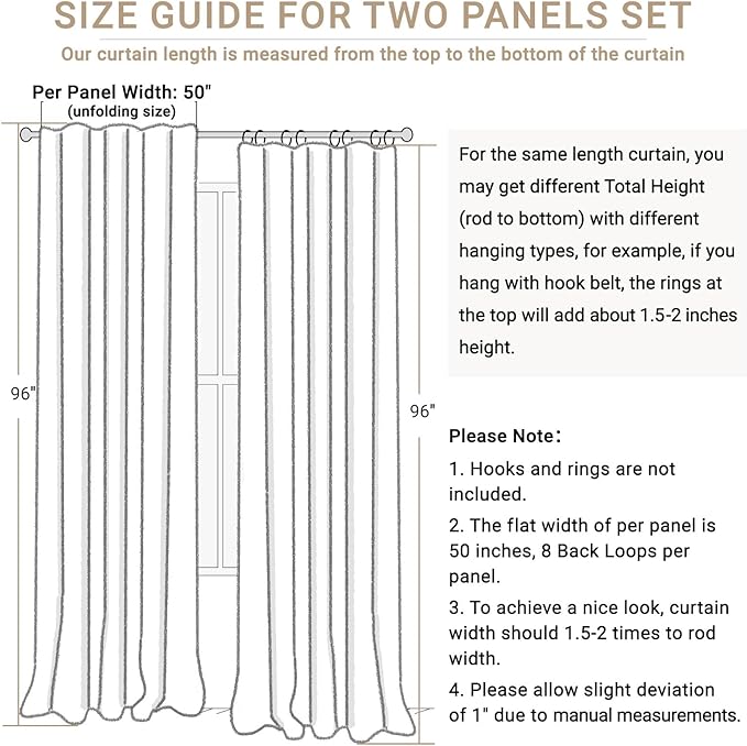 100% Blackout Shield Linen Blackout Curtains for Bedroom 96 Inches Long, Back Tab/Rod Pocket Living Room Drapes, Thermal Insulated Blackout Curtains 2 Panels Set, 50" W x 96" L,Cream
