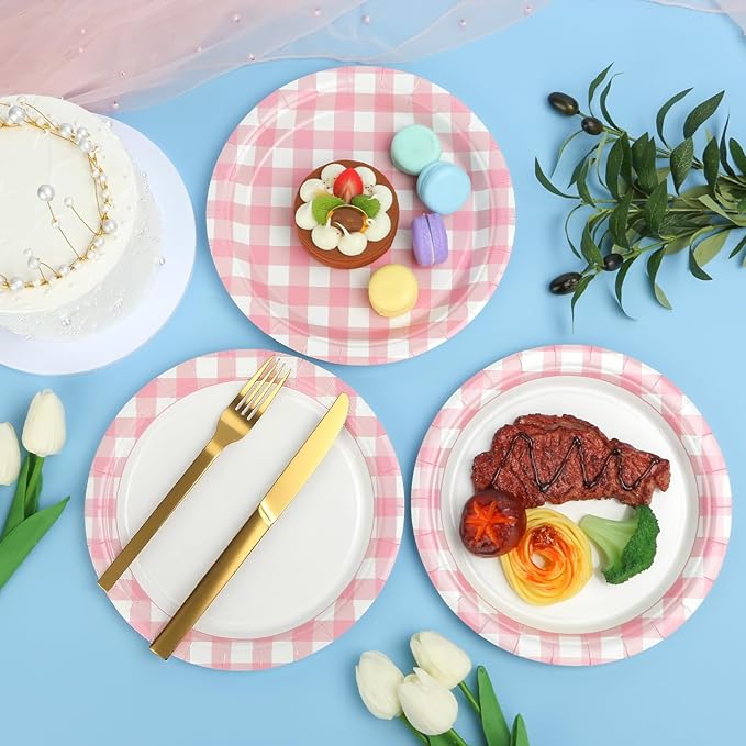 32 Pcs Pink Gingham Party Plates - 9 Inch Checkered Plaid Dessert Plates Disposable Pink and White Paper Plate - For Picnic BBQ Birthday Dinner Party Supplies