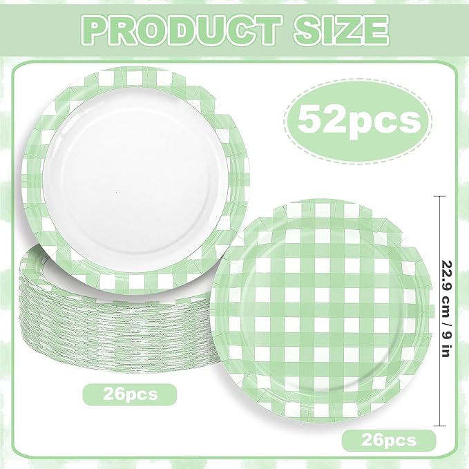 52 Pcs Green Gingham Party Plates - 9 Inch Checkered Plaid Dessert Plates Disposable Green and White Paper Plate - For Picnic BBQ Birthday Dinner Party Supplies
