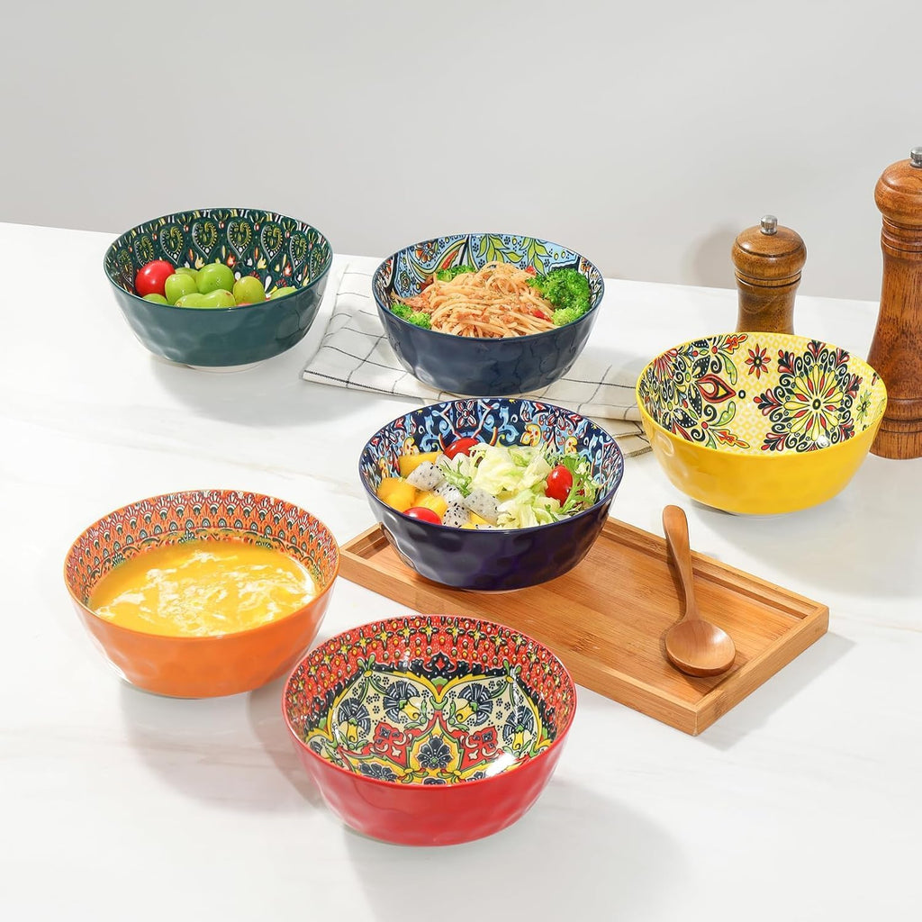 KitchenTour Cereal Bowls Set of 6, 26 oz Ceramic Soup Bowls for Kitchen, 6.3 Inch Colorful Serving Bowls for Oatmeal, Salad, Pasta, Dessert - Microwave & Dishwasher Safe