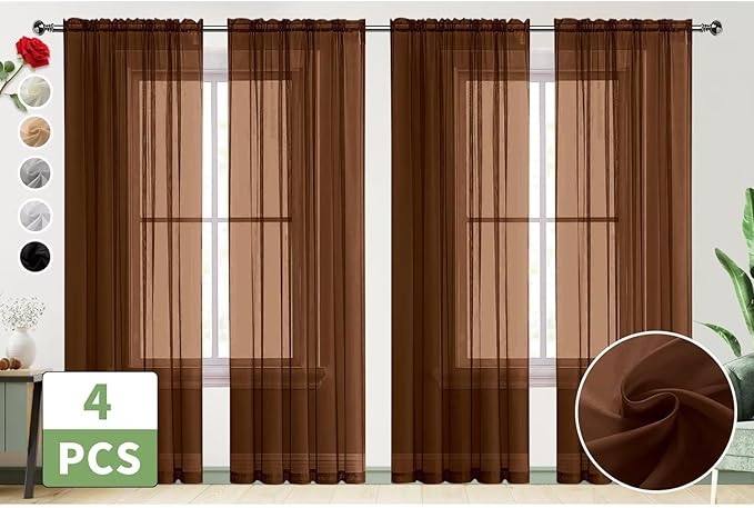 SpaceDresser Brown Sheer Curtains 4 Panels Rod Pocket Semi-Sheer Curtain 54 Inches Long Light Filtering Voile Window Drapes for Bedroom Living Room Kitchen, Each 52W x54L