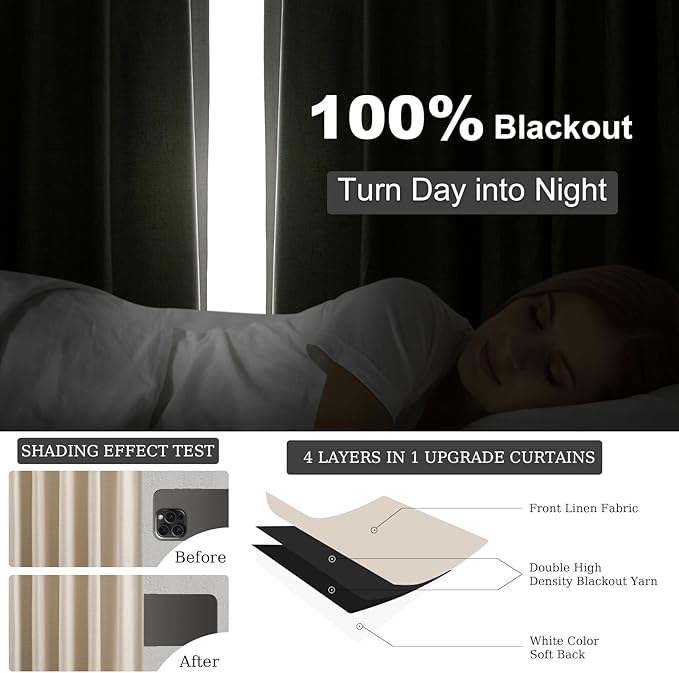 Topfinel Linen Blackout Curtains 86 Inches Long for Bedroom 2 Panels Set 100% Blackout Drapes for Living Room Window Treatment Modern Farmhouse Back Tab Rod Pocket Beige White Drapes