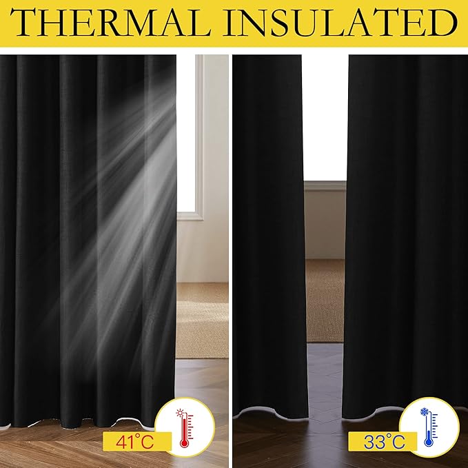 NICETOWN Vintage Open Linen Weave Flax Thermal Curtains, 100% Blackout Curtains 70 inches Long for Dining Room, Soundproof Window Treatment Drapes for Hall Room, Black, 34" Wide Per Panel, Set of 2
