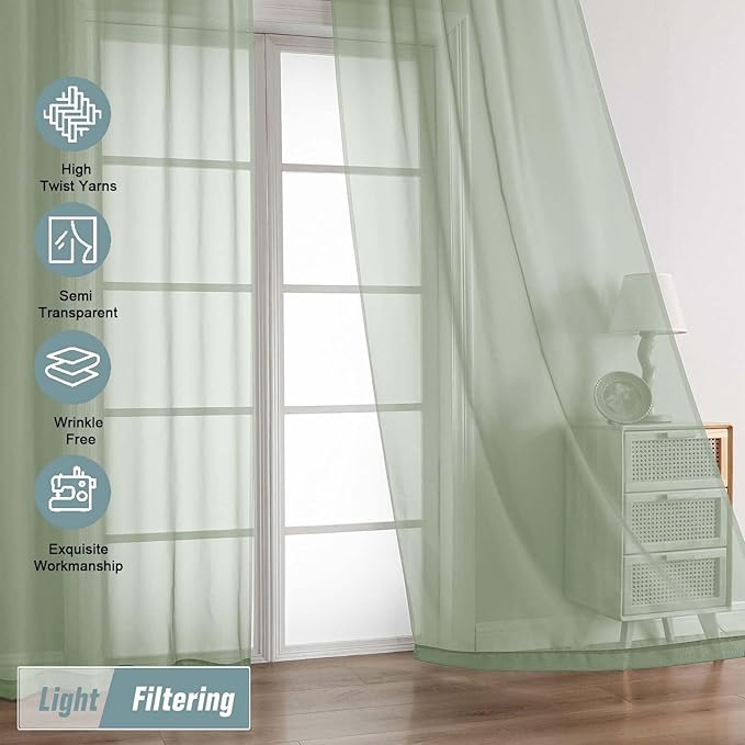 Green Sheer Curtains 216 Inches Long, Extra Long Light Filtering Modern Scarf Curtains for Wedding Party Ceremony Canopy Decor, Rod Pocket Voile Window Drapes, 2x42Wx216L Inches