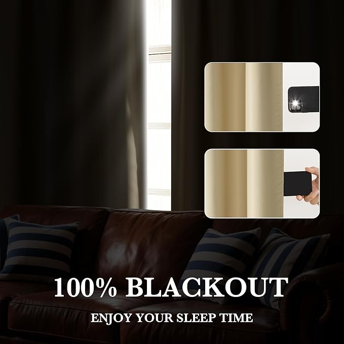 RYB HOME Bedroom Blackout Curtains 80 inches Long, 100% Blackout Thermal Insulated Noise Reducing Curtains for Living Room Nursury, 34 inches Wide by 80 inches Long, Biscotti Beige