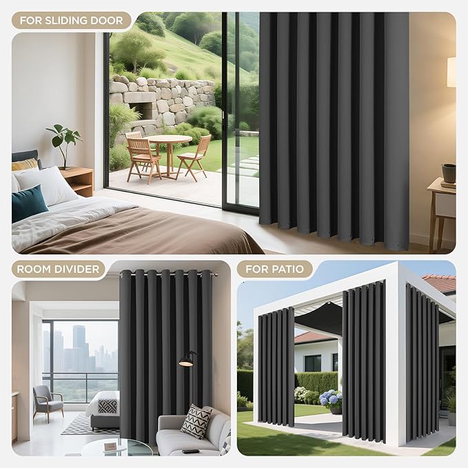 Joydeco Blackout Patio Sliding Door Curtains 90 Inches Long, Grommet Privacy Room Divider Curtains, Extra Wide Thermal Blackout Drapes for Bedroom Living Room (Grey, 60Wx90L, 1 Panel)