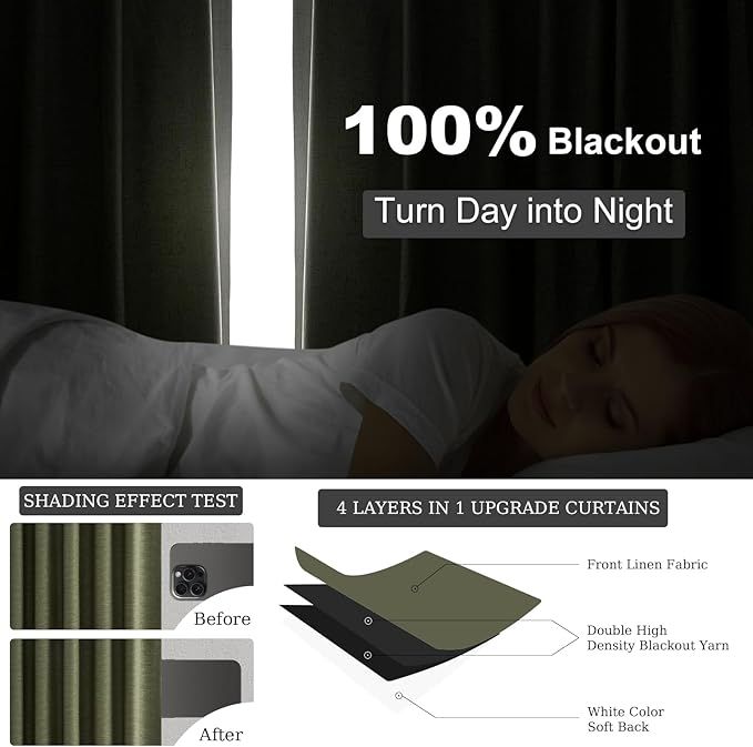 Topfinel Olive Green Linen Blackout Curtains 84 Inch Long for Living Room,Pinch Pleated Drape with Hooks Back Tab Boho Decor, Olive Forest Loden Full Black Out Curtains for Bedroom
