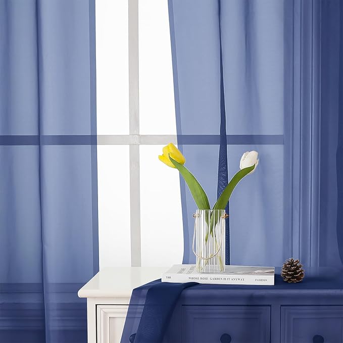 Lecloud Royal Blue Sheer Curtains 63 Inch Length 2 Panels Set, Voile Solid Window Curtains for Bedroom Light Filtering Living Room Curtain Drapes with Rod Pocket, Each Panel 42 X 63 Inch