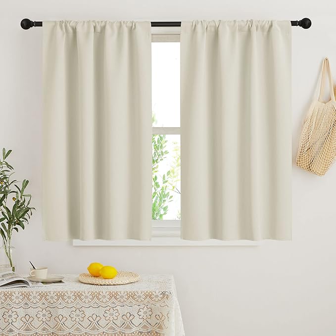 RYB HOME Short Curtains for Bedroom, Room Darkening Insulated Summer Heat Light UV Blocking Energy Saving Drapes for Nursery, Width 34 by Length 48, Beige, Set of 2