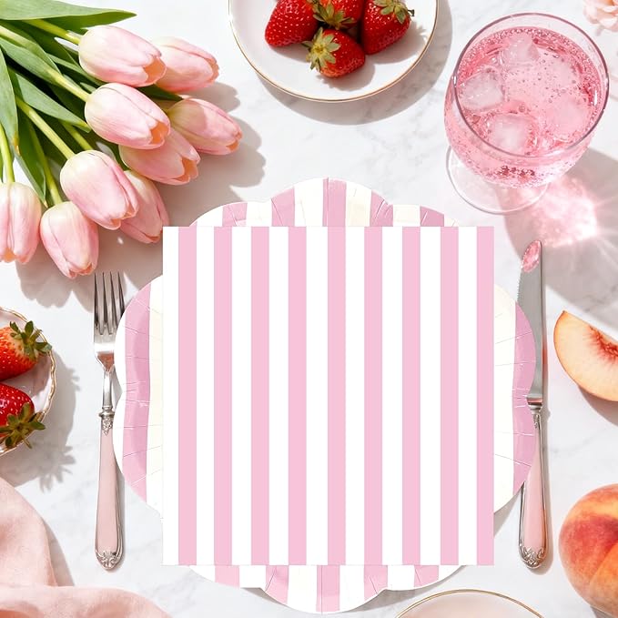 50PCS Pink Striped Paper Plates and Napkins Party Supplies, Pinkand White Scalloped Party Plates and Napkins Tableware Set for Birthday Bridal & Baby Shower Wedding Party Decoration (Pink)