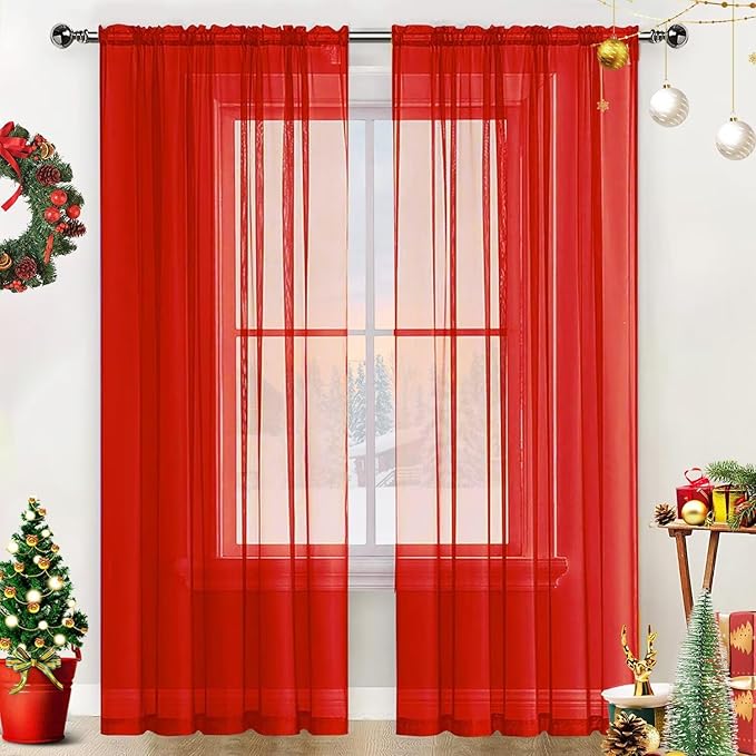 SpaceDresser Basic Rod Pocket Sheer Voile Window Curtain Panels White 1 Pair 2 Panels 38 Width 54 Inch Long for Kitchen Bedroom Children Living Room Yard(Red,38 W x 54 L)