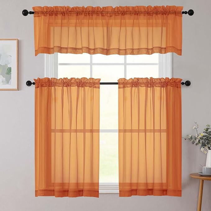 Orange Kitchen Curtains 30 Inch Length Tier 2 PCS, Solid Soft Airy Half Curtains for Windows, Orange Sheer Rod Pocket Drapes for Bathroom Basement Small Window Curtain, 42" Wx30 L Inches