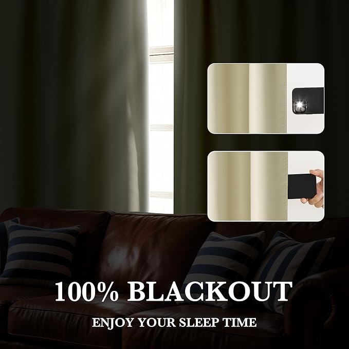 RYB HOME 100% Blackout Basement Curtains 36 inches Long, Heat & UV Blocking Total Room Darkening Noise Reducing Curtains for Bathroom RV Campers, Beige, 2 Panels Set