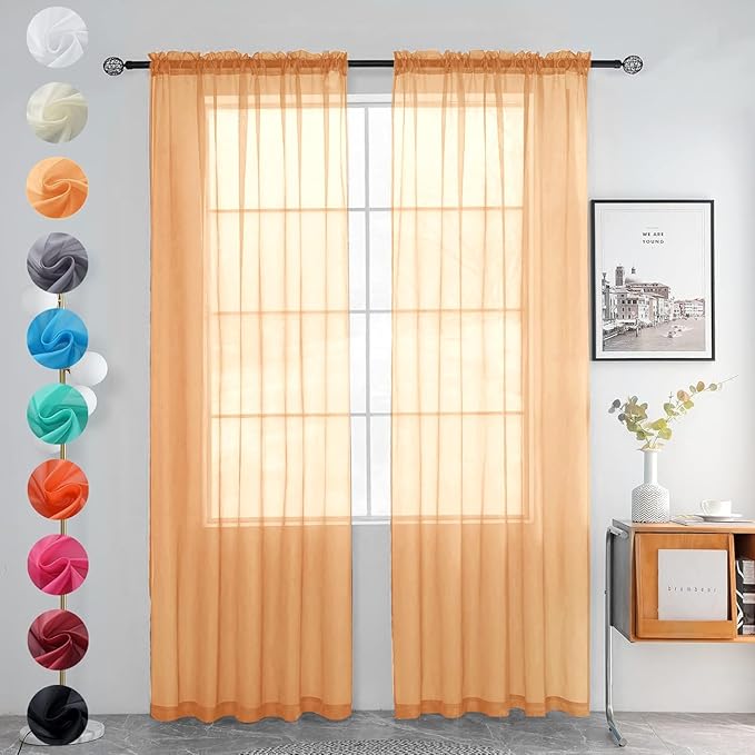 youleyar Solid Sheer Rod Pocket Curtain Voile Draperies 2 Panels White Beige Black Grey Coffee 42 Inch Width 72 Inch Long 1 Pair for Kitchen Bedroom Children Living Room Yard(Beige,42Wｘ72L)