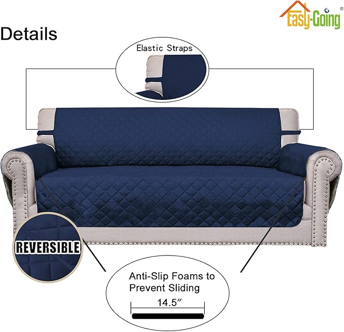 Easy-Going 4 Seater Sofa Slipcover Reversible Sofa Cover Water Resistant Couch Cover with Foam Sticks Elastic Straps Furniture Protector for Pets Children Dog Cat (XX-Large, Navy/Navy)
