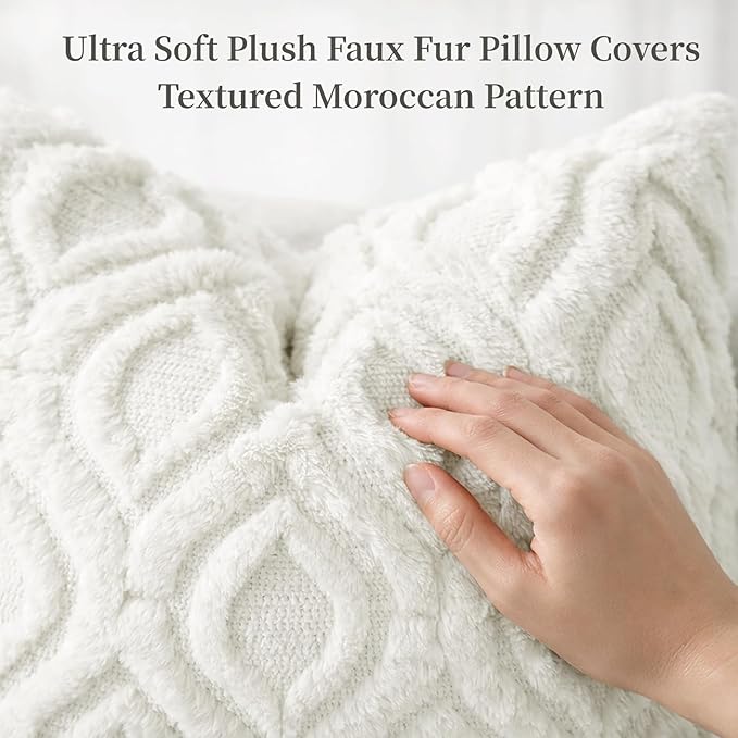 decorUhome Throw Pillow Covers 22x22 Inch Set of 2, Soft Plush Faux Wool Cream White Solid Couch Pillow Covers, Accent Euro Sham Farmhouse Neutral Square Pillow Cases for Sofa Bed Living Room