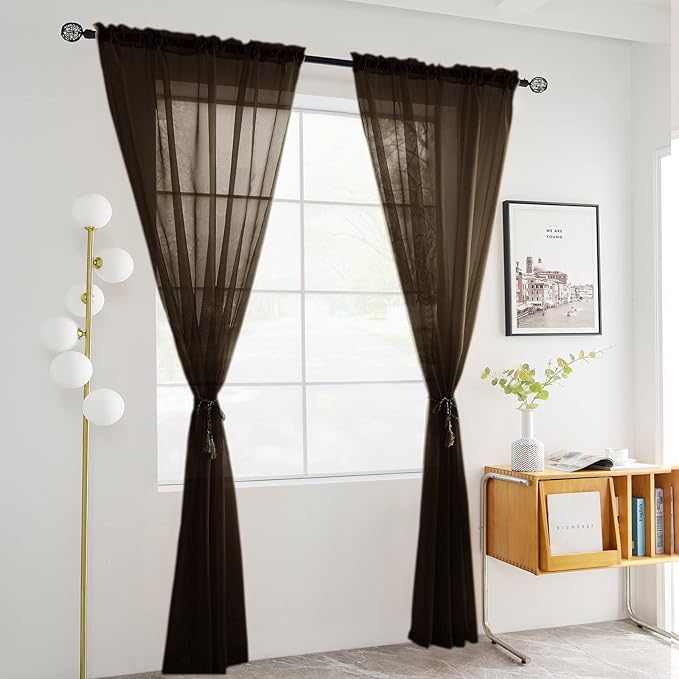 youleyar Solid Sheer Rod Pocket Curtain Voile Draperies 2 Panels White Beige Black Grey Coffee 52 Inch Width 72 Inch Long 1 Pair for Kitchen Bedroom Children Living Room Yard(Coffee,52Wｘ72L)