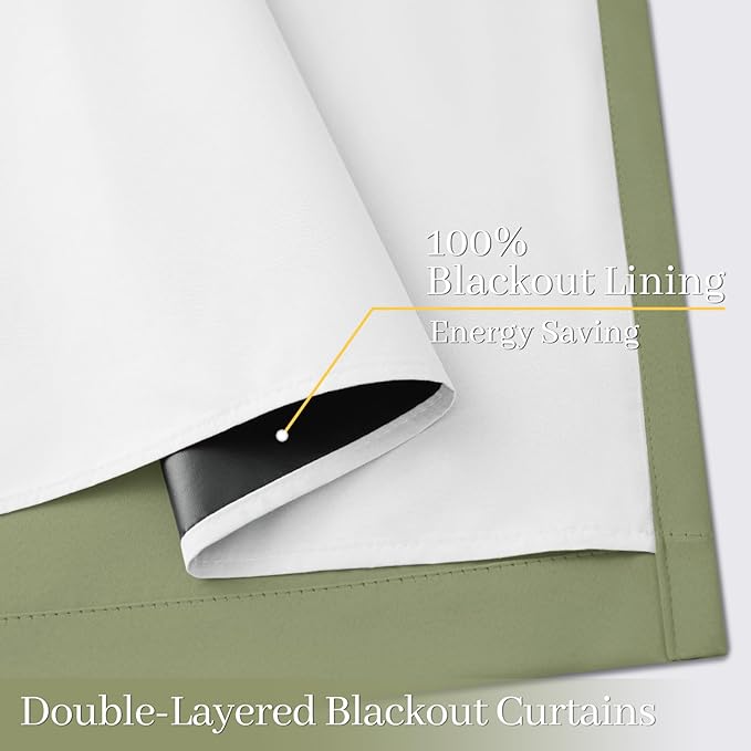 Yakamok 100% Blackout Curtain Panels 63 inches Cold and Light Blocking Drapes for Nursery, 2 Thick Layers Thermal Insulated Draperies (2 Pieces, 50 Wide Each Panel, Sage Front with White Backing)