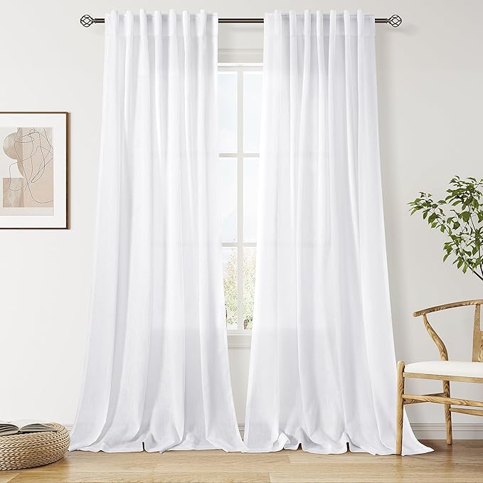 Snow White Linen 120 Inch Curtains for Living Room Light Filtering Semi Sheer Curtain Back Tab Luxury Neutral Coastal Modern Farmhouse Decor Floor to Ceiling High Window for Bedroom 52x120,2 Panels