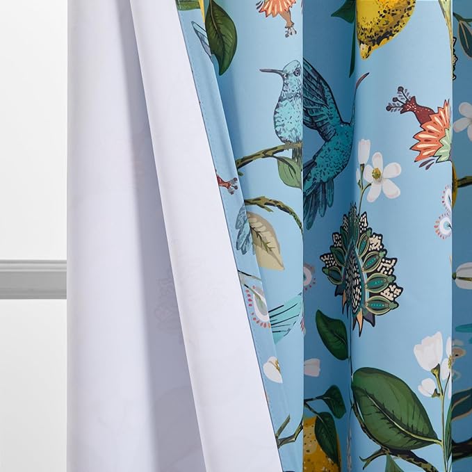 Topfinel Blue and Gold Unique Blackout Curtains 63 Inches Long 2 Panels, Floral Hummingbird Lemon Printed Colorful Energy Efficient Antique Noise Grommet Drapery Treatment for Window Nursery Classroom