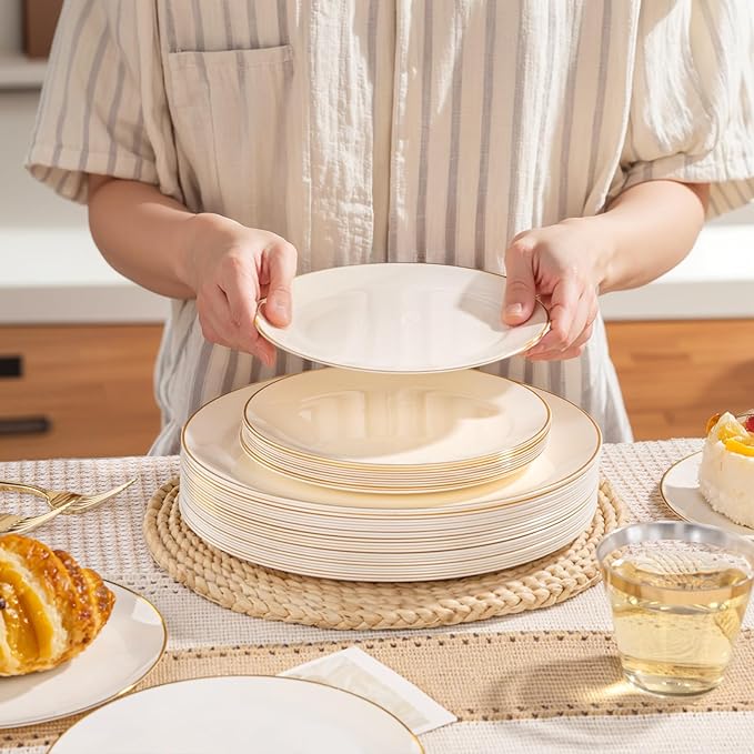 bUCLA 150PCS Ivory Plastic Plates with Gold Trim - Heavy Duty Cream Plastic Disposable for Party & Wedding - Include 25 Each（Dinner & Dessert） Plates, 25 Knives, 25 Forks, 25 Spoons & 25 Cups