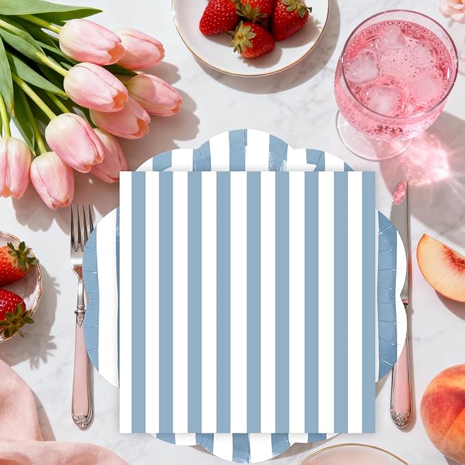 50PCS Blue Striped Paper Plates and Napkins Party Supplies, Blue and White Scalloped Party Plates and Napkins Tableware Set for Birthday Bridal & Baby Shower Wedding Party Decoration